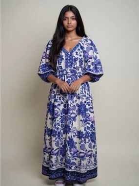 Boho Live 4 Truth Beach Embroidered Blue Floral Maxi Dress
